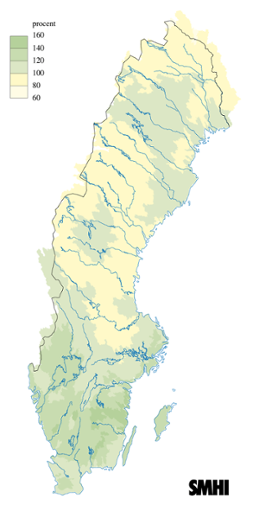 Karta över beräknade markvattenhalt i procent av den normala, 15 september 2010 