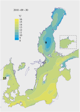 Karta över ytvattentemperatur i havet 30 september 2010