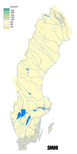 Karta över beräknad markvattenhalt i procent av den normala, 15 mars 2018.