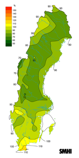 Byvindens avvikelse från det normala (1996-2015) under mars 2018.