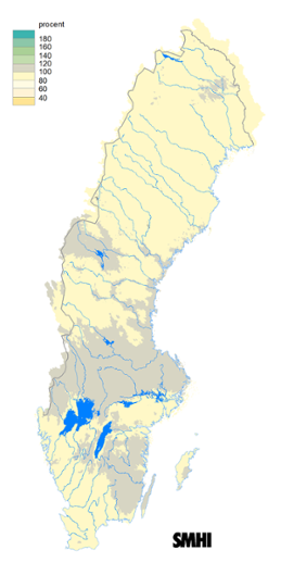 Karta över beräknad markvattenhalt i procent av den normala, 15 april 2018.