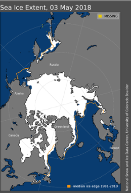 Isutbredning i Arktis den 3 maj 2018 jämfört med normalvärdet för perioden 1981-2010.