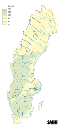 Karta över beräknade markvattenhalt i procent av den normala, 15 oktober 2010