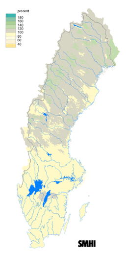 Karta över beräknad markvattenhalt i procent av den normala, 15 maj 2018.