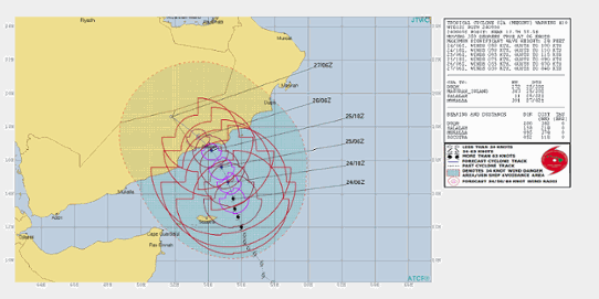 Prognoserad bana för den tropiska orkanen Mekunu utfärdad den 24 maj klockan 11 svensk tid.