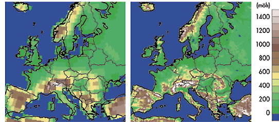 Jämförelse av upplösning i modell över Europa