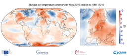 Global temperaturanomali (vänster bild) i maj 2018 samt för Europa (höger bild).