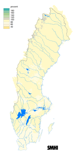 Karta över beräknad markvattenhalt i procent av den normala, 15 juni 2018.
