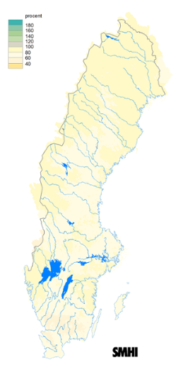 Karta över beräknad markvattenhalt i procent av den normala, 15 juli 2018.