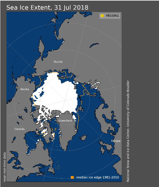 Havsisens utbredning i Arktis den 31 juli 2018