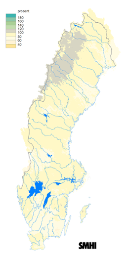 Karta över beräknad markvattenhalt i procent av den normala, 15 augusti 2018.
