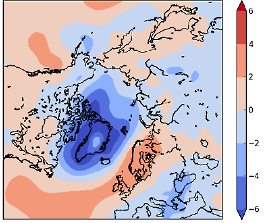 I bilden syns lufttryckets avvikelse (i hPa) från det klimatologiska medelvärdet för perioden maj till och med juli. Positiva anomalier syns från subtropiska delen av Atlanten upp mot Skandinavien. Negativa anomalier syns främst i ett område kring Grönland.