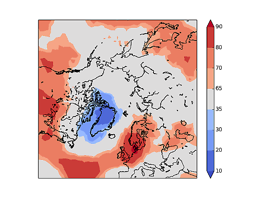 I bilden syns ett område med klar övervikt av negativa höjdanomalier centrerat kring Grönland. Motsatsen gäller bland annat över Södra Sverige.   