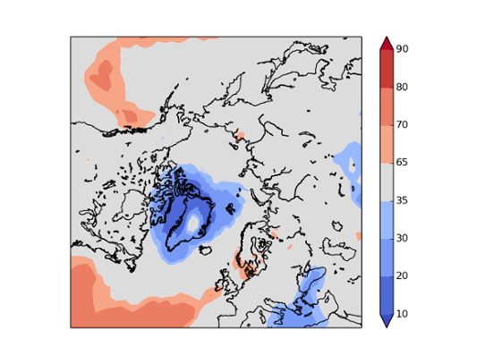 I bilden syns ett stort område med övervikt av dagar med negativa anomalier över Grönland. I övrigt syns ingen tydlig signal. 