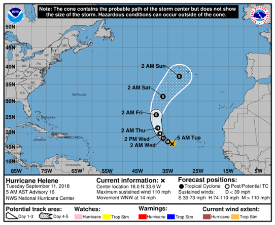 Prognoserad bana för den tropiska orkanen Helene utfärdad den 11 september klockan 11.
