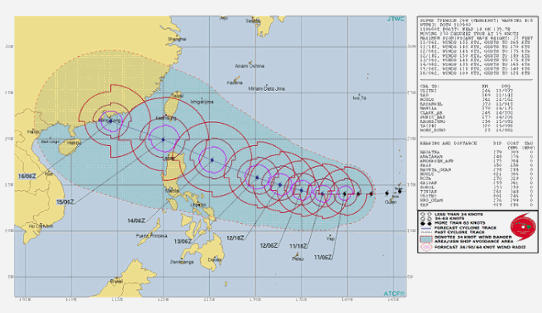 Prognoserad bana för den tropiska orkanen Mangkhut utfärdad klockan 11 den 11 september.