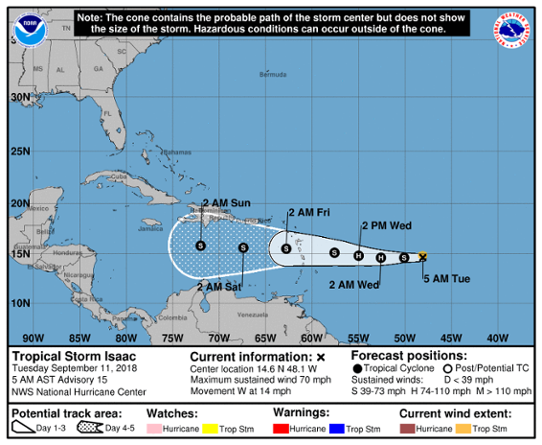 Prognoserad bana för den tropiska orkanen Isaac utfärdad klockan 11 den 11 september.
