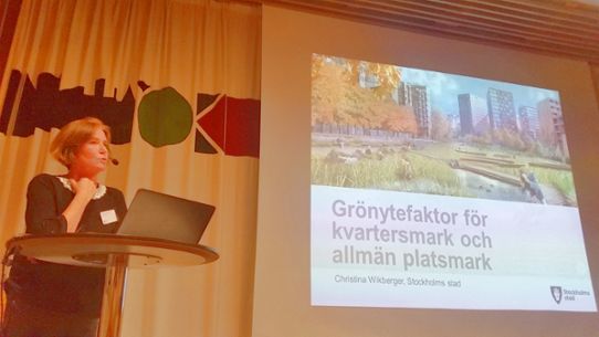 Christina Wikberger från Stockholms stad visar presentation om grönytefaktor