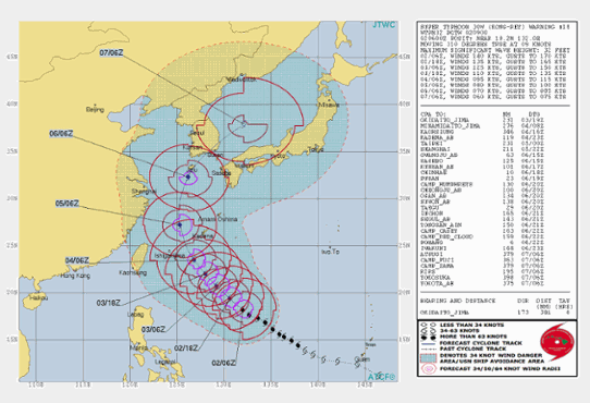 Prognoserad bana för den tropiska orkanen Kong-Rey utfärdad den 2 oktober.