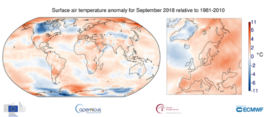 Global temperaturanomali (vänster bild) i september 2018 samt för Europa (höger bild). Avvikelserna avser normalperioden 1981-2010.