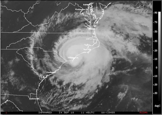 Satellitbild över orkanen Florence som nådde USA den 14 september.