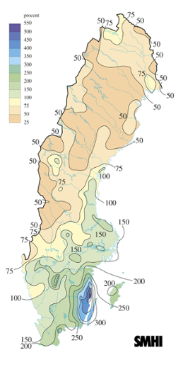 Karta över nederbörd i procent av det normala under november 2010