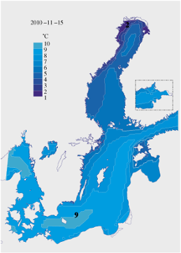 Karta över ytvattentemperatur i havet 15 november 2010