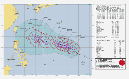 Prognoserad bana för den tropiska orkanen Yutu utfärdad den 24 oktober klockan 11 svensk tid.