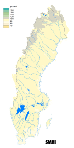 Karta över beräknad markvattenhalt i procent av den normala, 15 oktober 2018.