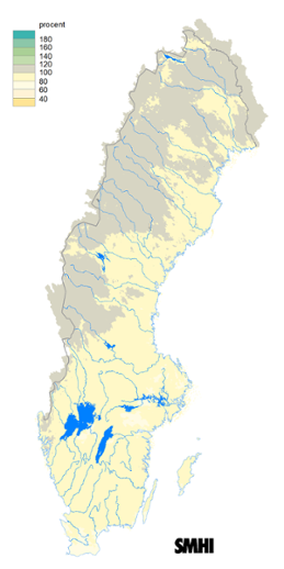 Karta över beräknad markvattenhalt i procent av den normala, 15 november 2018.