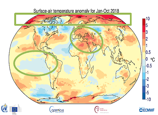 Temperaturavvikelser globalt jan-okt 2018