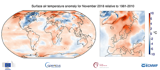 Global temperaturanomali (vänster) i november 2018 samt för Europa (höger) relativt 1981-2010.