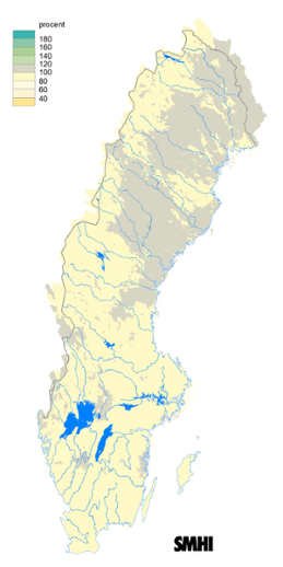 Karta över beräknad markvattenhalt i procent av den normala, 15 december 2018.