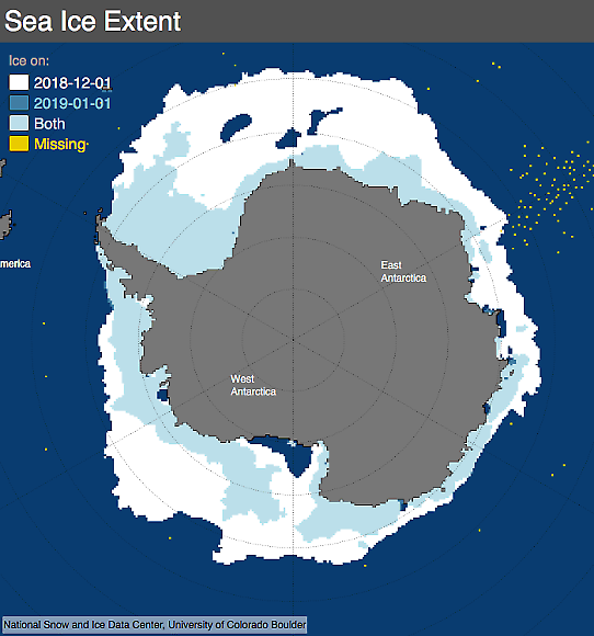 Skillnaden mellan havsisens utbredning i Antarktis den 1 december 2018 och 1 januari 2019.