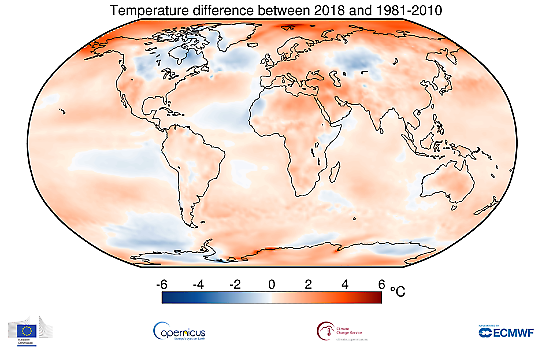 Karta med lufttemperatur två meter över havsnivå för 2018, relativt medeltemperatur 1981-2010 enligt Copernicus