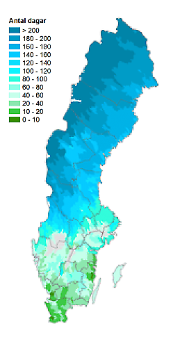 Antal dagar med snötäcke, minst 5 mm vatteninnehåll Sverige.