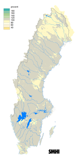 Karta över beräknad markvattenhalt i procent av den normala, 15 februari 2019.