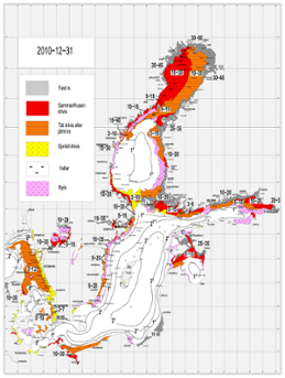 Karta över isutbredning och ytvattentemperatur i havet 31 december 2010 