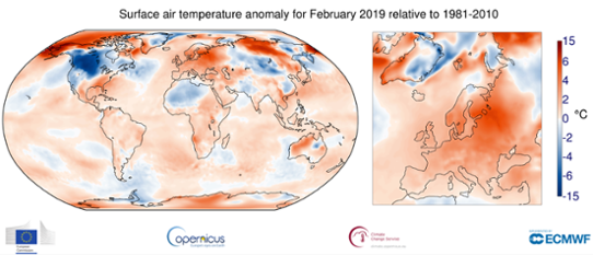 Global temperaturanomali (vänster bild) i februari 2019 samt för Europa (höger bild).