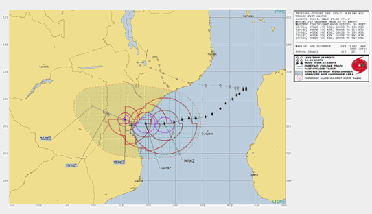 Prognoserad bana för den tropiska orkanen Idai utfärdad den 14 mars.