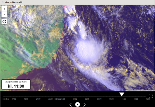 Satellitbild över tropiska stormen Iba utanför Brasiliens östkust.