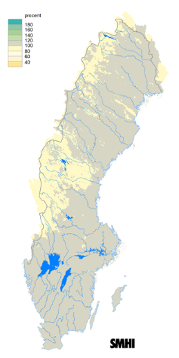 Karta över beräknad markvattenhalt i procent av den normala, 15 mars 2019.
