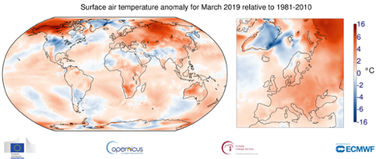 Global temperaturanomali (vänster bild) i mars 2019 samt för Europa (höger bild).