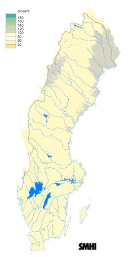 Karta över beräknad markvattenhalt i procent av den normala, 15 april 2019.