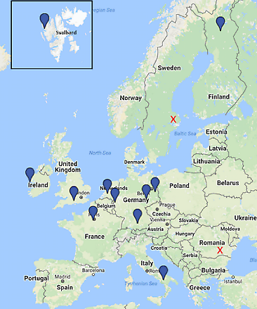 Karta som visar Cloudnets siter i Europa