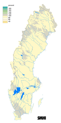 Karta över beräknad markvattenhalt i procent av den normala, 15 maj 2019.