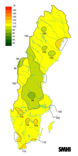 Byvindens avvikelse från det normala (1996-2015) under våren2019.