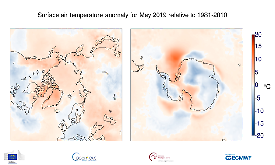 Temperaturanomali i polarområdena i maj 2019