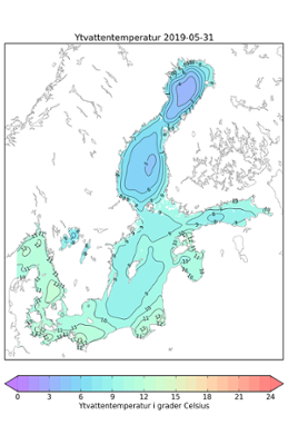 Karta över ytvattentemperatur i havet 31 maj 2019.