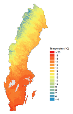 Sverigekarta med temperaturfält
